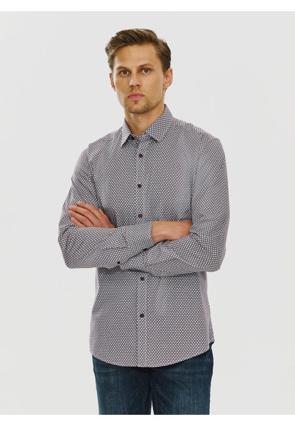 PAKO LORENTE – Bordowa wzorzysta koszula męska P24SF-1X-024-D-S - Pako Lorente. Okazja: na co dzień. Kolor: czerwony. Materiał: jeans, elastan. Styl: casual