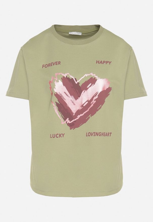 Born2be - Jasnozielony T-shirt z Ozdobnym Nadrukiem Palithiela. Okazja: na co dzień. Kolor: zielony. Materiał: jeans. Wzór: nadruk. Styl: casual, klasyczny