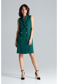 Lenitif - Elegancka żakietowa sukienka z kopertowym dekoltem dwurzędowa zielona. Okazja: do pracy, na spotkanie biznesowe. Kolor: zielony. Typ sukienki: kopertowe. Styl: elegancki. Długość: midi #2