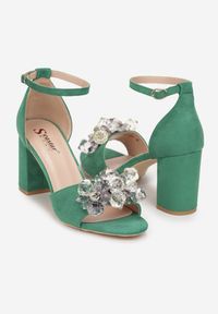 Renee - Zielone Sandały na Słupku z Imitacji Zamszu z Ozdobnym Paskiem z Kryształkami Millera. Zapięcie: pasek. Kolor: zielony. Materiał: zamsz. Obcas: na słupku #3