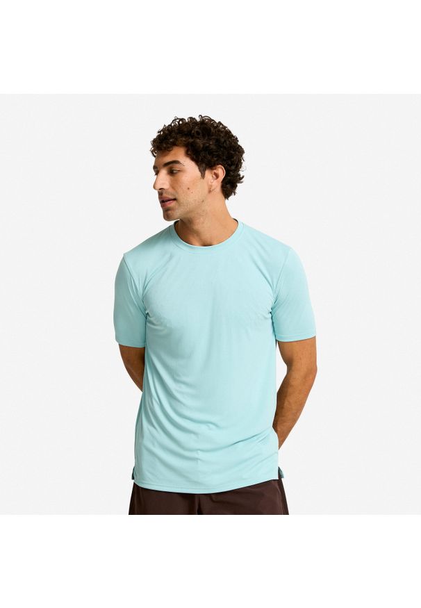 DOMYOS - Koszulka fitness męska Domyos krótki rękaw.. Kolor: niebieski. Materiał: poliester, materiał. Długość rękawa: krótki rękaw. Długość: krótkie. Sport: fitness