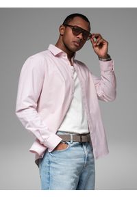 Ombre Clothing - Bawełniana pastelowa męska koszula typu oxford – jasnoróżowa V1. Kolor: różowy. Materiał: bawełna. Wzór: aplikacja, ze splotem. Styl: klasyczny, elegancki
