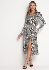 Born2be - Czarno-Biała Rozkloszowana Sukienka Midi o Koszulowym Fasonie z Ozdobnym Wzorem Liovia. Kolor: czarny. Materiał: materiał. Typ sukienki: koszulowe. Styl: klasyczny. Długość: midi #2