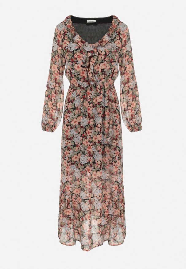 Born2be - Czarno-Beżowa Sukienka Rozkloszowana w Kwiaty z Gumką w Pasie Veprime. Kolor: beżowy. Wzór: kwiaty. Sezon: wiosna, lato. Styl: klasyczny