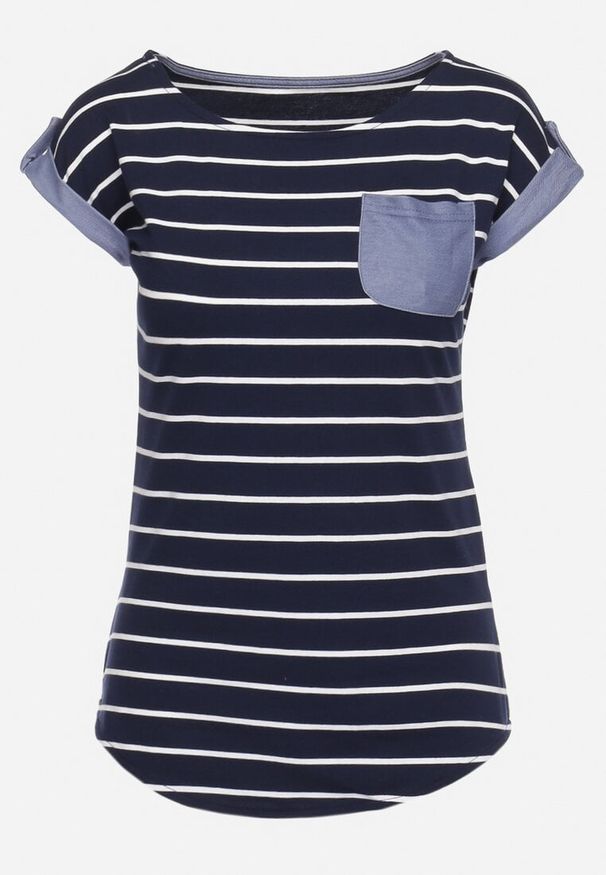 Born2be - Czarny Bawełniany T-shirt w Paski z Kieszonką i Wywiniętymi Rękawami Saguafia. Okazja: na co dzień. Kolor: czarny. Materiał: bawełna. Wzór: paski. Styl: casual