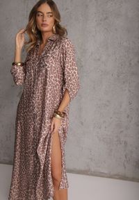 Renee - Beżowa Sukienka z Wiskozą o Koszulowym Kroju w Giraffe Print Braloria. Okazja: na randkę. Kolor: beżowy. Materiał: wiskoza. Wzór: nadruk. Typ sukienki: koszulowe. Styl: klasyczny #4