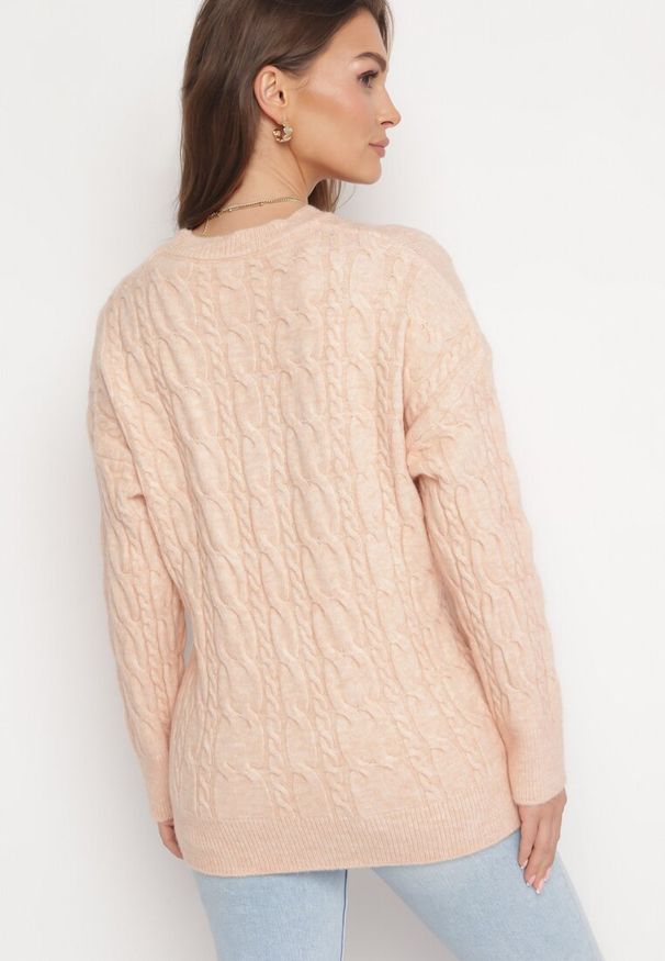 Born2be - Jasnopomarańczowy Sweter Ozdobiony Klasycznym Splotem Lacemisa. Kolor: pomarańczowy. Materiał: tkanina, dzianina. Wzór: aplikacja, ze splotem. Styl: klasyczny
