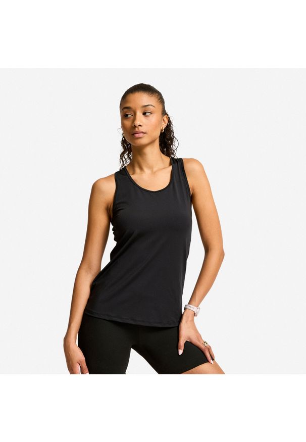 Decathlon - Koszulka fitness damska Domyos Basic bez rękawów. Kolor: czarny. Materiał: poliester, elastan, materiał. Długość rękawa: bez rękawów. Sport: fitness