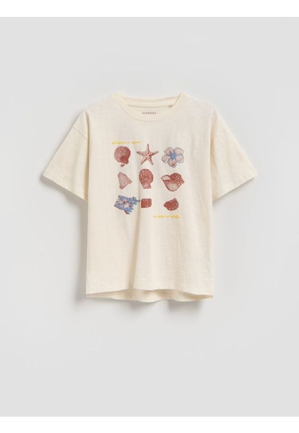 Reserved - T-shirt z nadrukiem - kremowy. Kolor: kremowy. Materiał: bawełna. Wzór: nadruk
