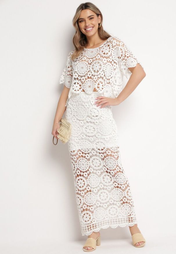 Born2be - Biały Bawełniany Komplet Ażurowy z Bluzką i Spódnicą Maxi Zanetha. Kolor: biały. Materiał: bawełna. Wzór: ażurowy