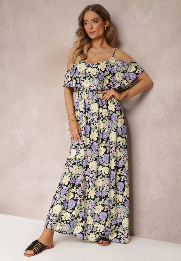 Renee - Fioletowo-Żółta Sukienka Maxi Bawełniana w Kwiaty z Falbanką Saranna. Kolor: fioletowy. Materiał: bawełna. Długość rękawa: na ramiączkach. Wzór: kwiaty. Długość: maxi
