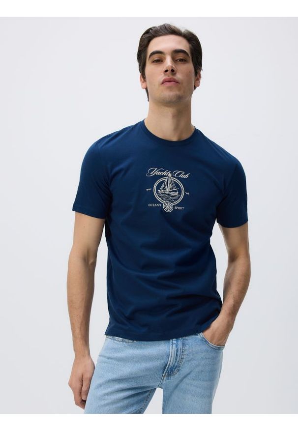 Reserved - T-shirt regular z merceryzowanej bawełny - granatowy. Kolor: niebieski. Materiał: bawełna