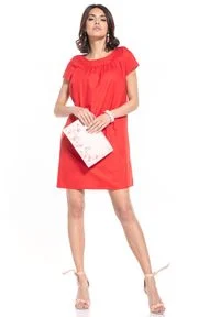 Tessita - Luźna Sukienka z Krótkim Rękawem - Czerwona. Kolor: czerwony. Materiał: bawełna. Długość rękawa: krótki rękaw