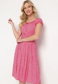 Born2be - Fuksjowa Bawełniana Sukienka w Drobne Kwiaty z Gumkami w Talii Fielita. Kolor: różowy. Materiał: bawełna. Długość rękawa: krótki rękaw. Wzór: kwiaty. Sezon: lato. Styl: elegancki #7