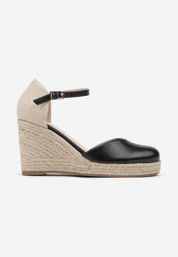 Born2be - Czarne Sandały Espadryle na Plecionym Koturnie ze Sprzączką Fevonia. Zapięcie: sprzączka. Kolor: czarny. Obcas: na koturnie