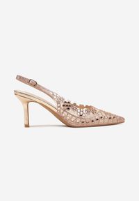 Renee - Szampańskie Sandały na Szpilce Slingback z Ażurową Cholewką Latilena. Okazja: na spotkanie biznesowe, na co dzień. Nosek buta: szpiczasty. Zapięcie: sprzączka. Kolor: złoty. Wzór: ażurowy. Sezon: lato. Obcas: na szpilce. Styl: biznesowy, casual, elegancki #3