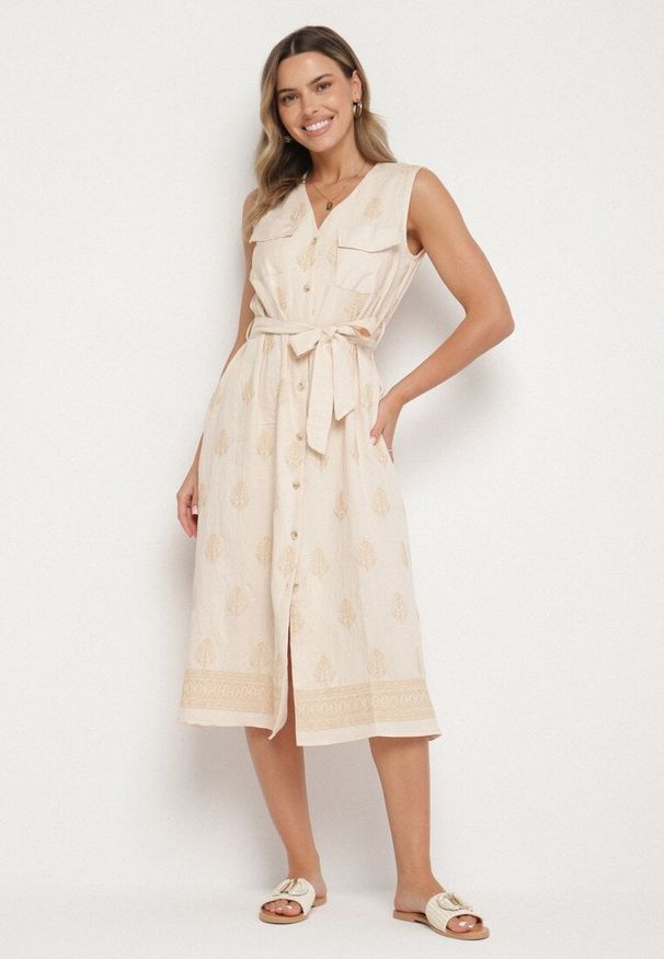 Born2be - Beżowa Wiskozowa Sukienka Koszulowa w Hafty z Paskiem Araverra. Okazja: na co dzień. Kolor: beżowy. Materiał: wiskoza. Wzór: haft. Sezon: wiosna, lato. Typ sukienki: koszulowe. Styl: klasyczny, casual, elegancki