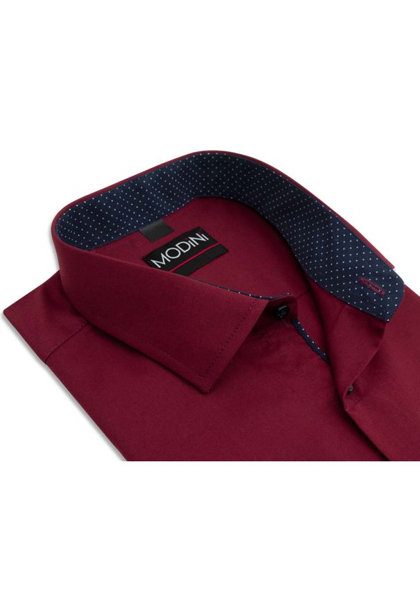 Modini - Bordowa gładka koszula męska z granatowymi kontrastami w kropki Y38. Kolor: wielokolorowy, czerwony, niebieski. Materiał: bawełna, poliester, tkanina. Wzór: gładki, kropki