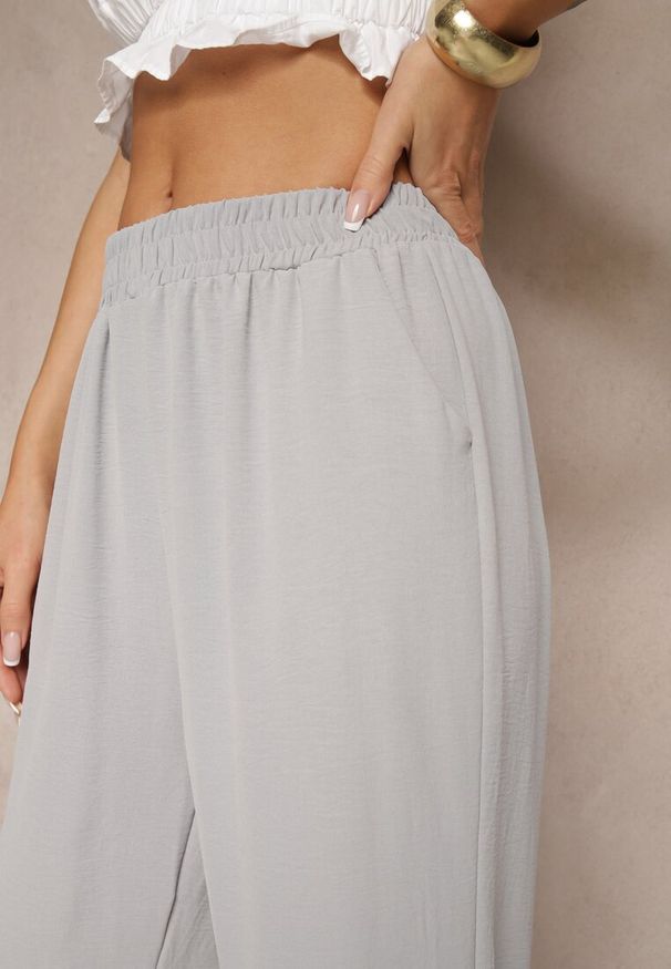 Renee - Szare Spodnie z Bawełną o Szerokim Kroju High Waist Fanelithia. Okazja: na co dzień. Stan: podwyższony. Kolor: szary. Materiał: bawełna. Styl: casual