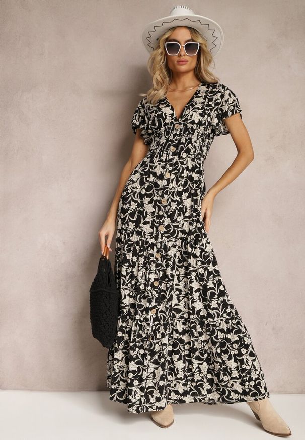 Renee - Czarno-Biała Sukienka z Gumką w Pasie w Kwiatowy Wzór z Ozdobnymi Guzikami Ellsa. Kolor: czarny. Wzór: kwiaty