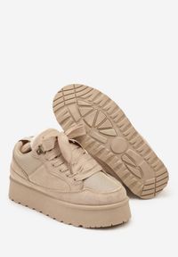 Renee - Ciemnobeżowe Sneakersy Śniegowce na Platformie Velavine. Kolor: beżowy. Materiał: jeans. Obcas: na platformie #7