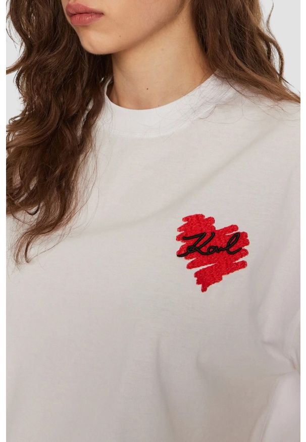 Karl Lagerfeld - KARL LAGERFELD Biały damski top Hearts Cropped. Kolor: biały. Materiał: bawełna. Wzór: aplikacja, haft