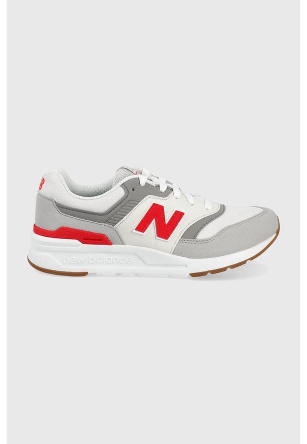 New Balance buty dziecięce kolor szary. Nosek buta: okrągły. Zapięcie: sznurówki. Kolor: szary. Materiał: guma. Szerokość cholewki: normalna