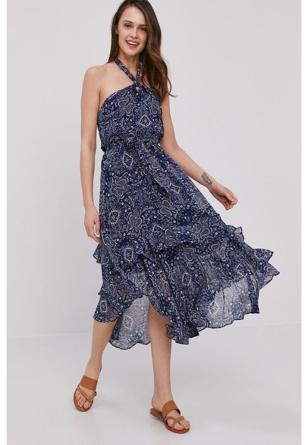 Pepe Jeans - Sukienka Ramona. Kolor: niebieski. Materiał: tkanina. Typ sukienki: asymetryczne, rozkloszowane