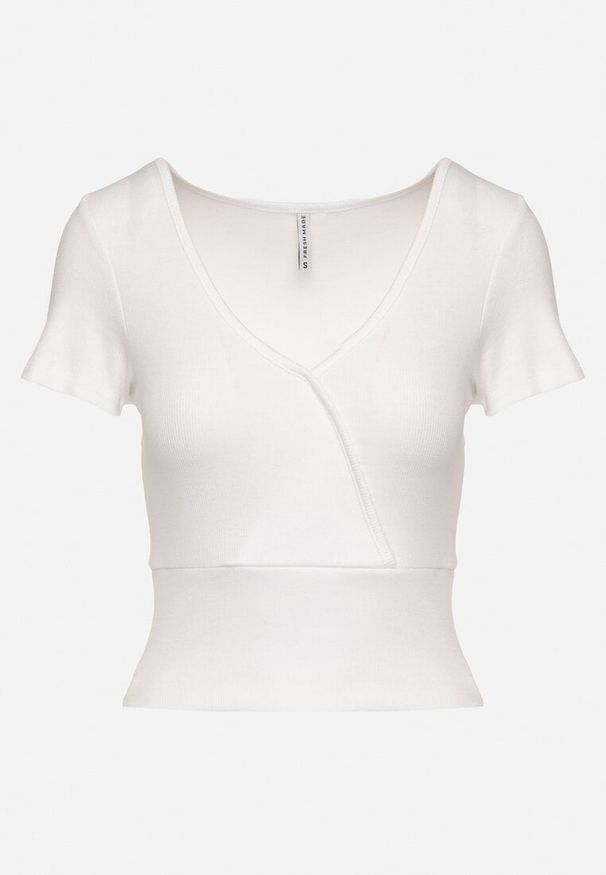 Born2be - Biały Prążkowany T-shirt z Bawełny z Dekoltem w Serek Filunira. Okazja: na co dzień. Typ kołnierza: dekolt w serek. Kolor: biały. Materiał: bawełna, prążkowany. Styl: elegancki, casual
