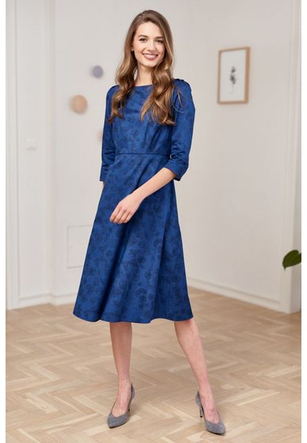 Marie Zélie - Sukienka Aerin Tarsia granatowa. Kolor: niebieski. Materiał: bawełna, satyna, skóra, materiał. Typ sukienki: trapezowe