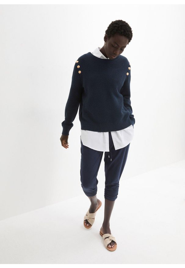 bonprix - Spodnie z dżerseju z mieszanki bawełny. Kolor: niebieski. Materiał: jersey, bawełna. Styl: elegancki