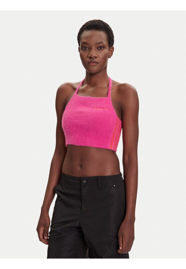 Adidas - adidas Top Fluffy JW6002 Różowy Slim Fit. Kolor: różowy. Materiał: syntetyk