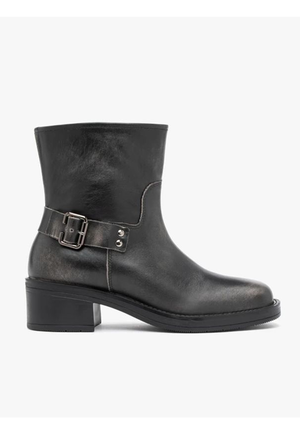 Ryłko - Czarno-szare botki biker boots. Okazja: na co dzień. Zapięcie: klamry. Kolor: szary. Materiał: skóra. Szerokość cholewki: normalna. Obcas: na obcasie. Styl: rockowy, casual, street, klasyczny. Wysokość obcasa: średni
