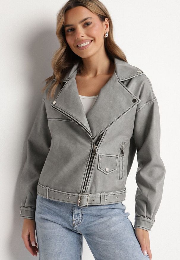 Born2be - Szara Klasyczna Kurtka Ramoneska z Paskiem Nalinea. Okazja: na co dzień. Kolor: szary. Materiał: jeans, poliester. Długość rękawa: długi rękaw. Długość: długie. Styl: klasyczny