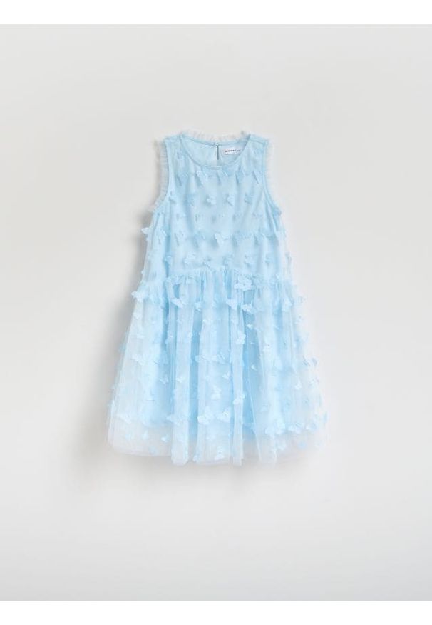 Reserved - Tiulowa sukienka z aplikacją - jasnoniebieski. Kolor: niebieski. Materiał: tiul. Wzór: aplikacja