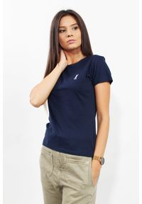 T-shirt Edward Orlovski Granatowa Logo. Kolor: niebieski. Materiał: bawełna, prążkowany. Długość rękawa: krótki rękaw. Długość: krótkie. Wzór: aplikacja. Styl: klasyczny, elegancki #1
