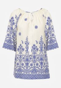 Born2be - Niebieska Bluzka z Wiskozy z Kwiatowym Wzorem Wiązaniem i Frędzlami Hawnalue. Okazja: do pracy, na co dzień, na spacer. Kolor: niebieski. Materiał: wiskoza. Wzór: kwiaty. Styl: boho, elegancki, casual #3