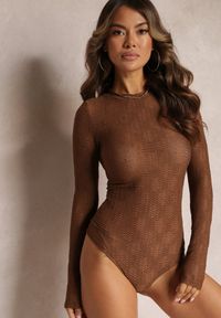 Renee - Brązowe Eleganckie Body z Tłoczonej Tkaniny Fewiane. Kolor: brązowy. Materiał: tkanina. Styl: elegancki #1