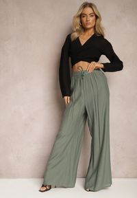 Renee - Ciemnozielone Wiskozowe Spodnie Szerokie z Gumką i Sznurkiem w Pasie Tarallia. Okazja: na co dzień. Kolor: zielony. Materiał: wiskoza. Styl: elegancki, casual #3