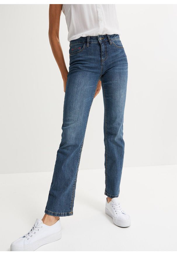bonprix - Dżinsy ze stretchem straight, mid waist. Kolor: niebieski. Wzór: kolorowy