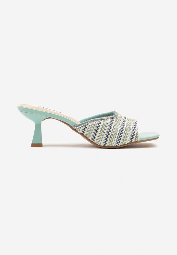 Renee - Niebieskie Eleganckie Klapki na Obcasie Kaczuszka z Plecionym Paskiem Annalora. Okazja: na co dzień, na spacer. Kolor: niebieski. Sezon: lato. Obcas: na obcasie. Styl: elegancki. Wysokość obcasa: niski