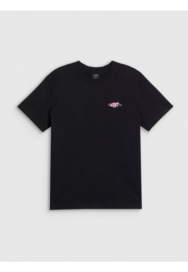 4f - 4F T-shirt loose z nadrukiem damski - czarny M. Okazja: do pracy, na co dzień, na spacer, na plażę. Kolor: czarny. Materiał: bawełna, dzianina. Wzór: nadruk. Sezon: lato. Styl: sportowy, klasyczny, wakacyjny, casual