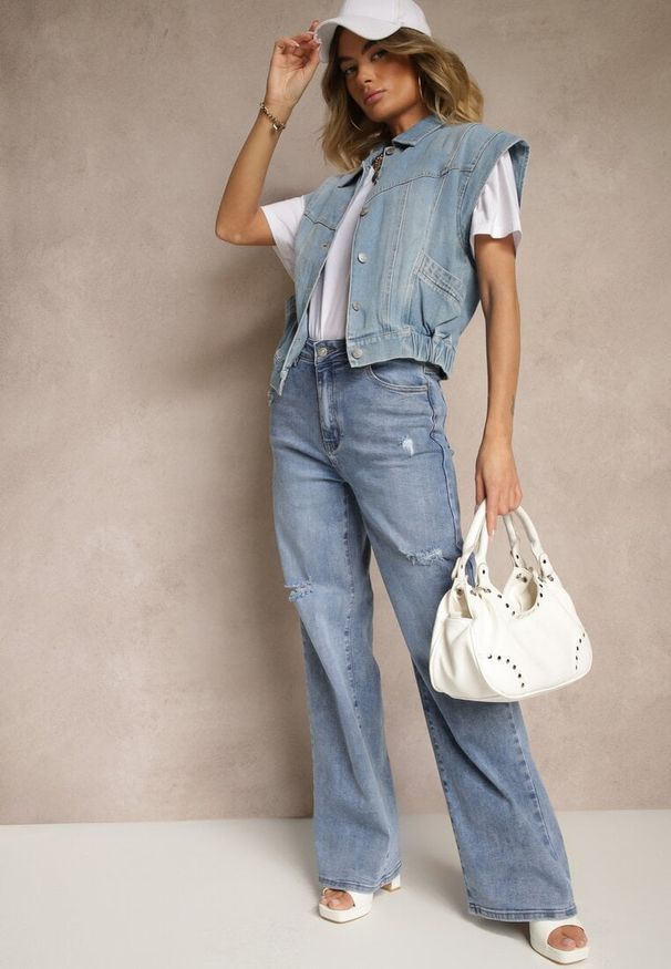 Renee - Niebieskie Jeansy High Waist z Szeroką Nogawką Zdobione Przetarciami Napinea. Stan: podwyższony. Kolor: niebieski. Wzór: aplikacja. Styl: elegancki, vintage
