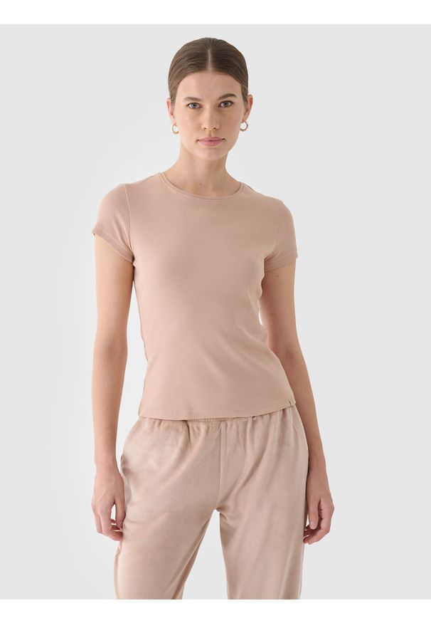 4f - 4F T-shirt slim gładki damski - beżowy L. Okazja: na co dzień. Kolor: beżowy. Materiał: dzianina, bawełna, materiał, skóra, prążkowany, elastan. Długość rękawa: krótki rękaw. Długość: krótkie. Wzór: gładki. Styl: klasyczny, sportowy, casual