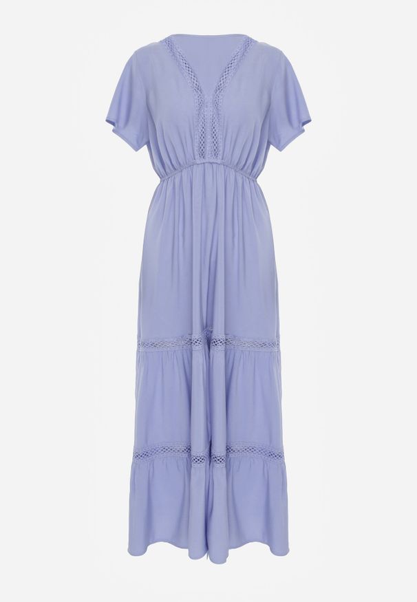 Born2be - Jasnoniebieska Sukienka Maxi z Gumką w Pasie i Koronkowymi Wstawkami Anandia. Kolor: niebieski. Materiał: koronka. Wzór: aplikacja. Długość: maxi