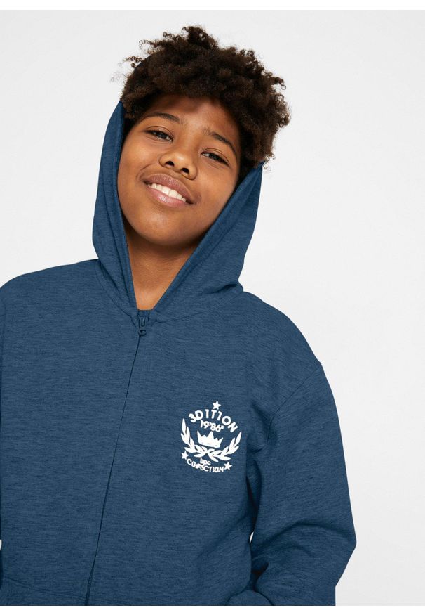 bonprix - Bluza rozpinana z kapturem, z czystej bawełny. Typ kołnierza: kaptur. Kolor: niebieski. Materiał: bawełna. Wzór: nadruk, aplikacja. Sezon: lato