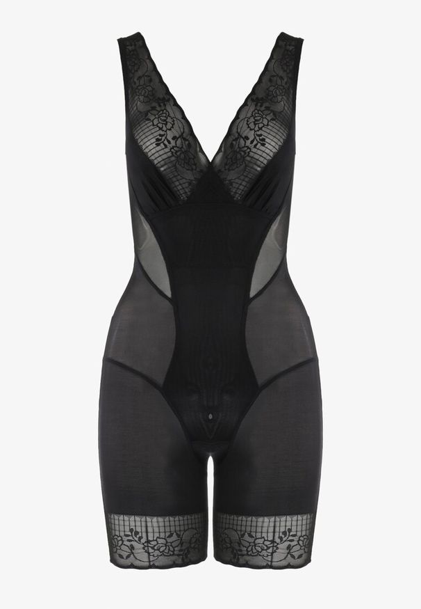 Renee - Czarne Modelujące Body z Koronkowymi Wstawkami Tisella. Kolor: czarny. Materiał: koronka