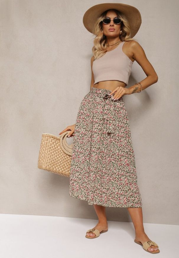 Renee - Zielono-Różowe Plisowane Spodnie Szwedy High Waist z Materiałowym Paskiem i Gumką w Talii Isefia. Okazja: na co dzień. Stan: podwyższony. Kolor: zielony. Materiał: materiał. Styl: casual, elegancki