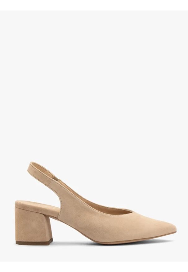 Ryłko - Beżowe czółenka slingback bez pięty. Okazja: na co dzień. Zapięcie: bez zapięcia. Kolor: beżowy. Materiał: skóra, welur. Obcas: na obcasie. Styl: klasyczny, casual, elegancki, street. Wysokość obcasa: średni