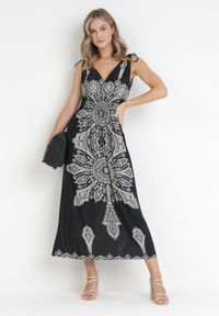 Born2be - Czarna Sukienka w Stylu Boho z Gumką w Talii i Sznurkami przy Ramionach Niree. Kolor: czarny. Styl: boho #1